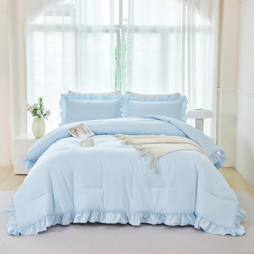 ANGIYUIN Light Blue Ruffle Comforter Set Twin Size 5 Pieces