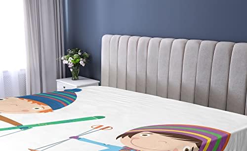 Ambesonne Sports Fitted Sheet with Funny Siblings Skis Winter Print