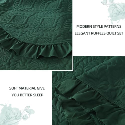 Emerald Green King Quilt Set 3 Piece Ruffled