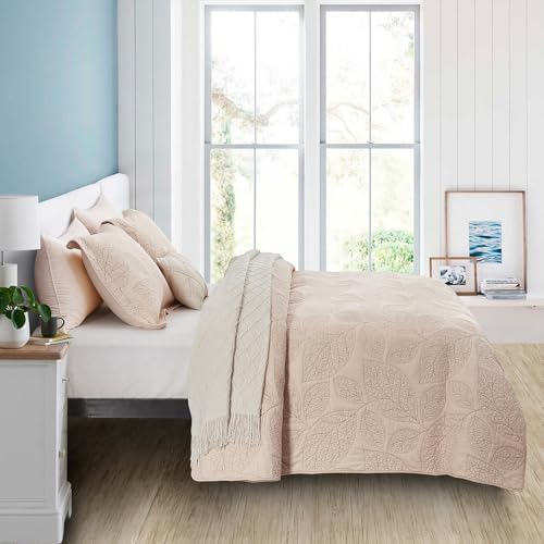 CHIXIN Botanical Cotton Quilt Set - Leaf Pattern Reversible 3 Piece Oatmeal