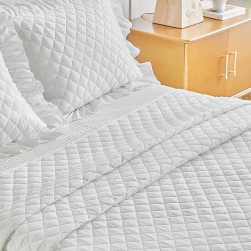 UOZZI BEDDING Ruffle Skirt Bedspread Set - King Size White