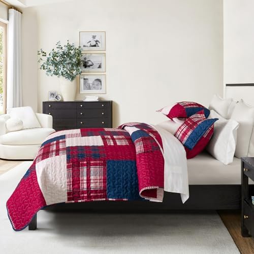 DURLENGEN Red Navy Patchwork Quilt Set 3Pcs