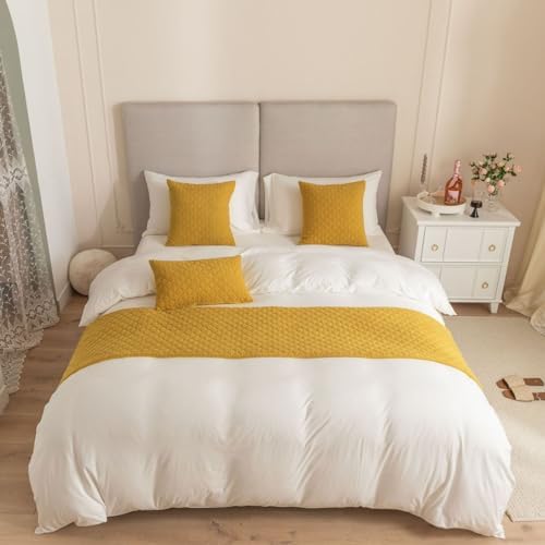 LEEMQCYA Mustard Yellow Velvet Bed Runner with Rhombus Pattern