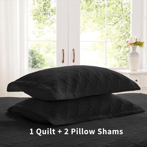 LEAONME King Size Quilt Set 3 Pieces - Black Microfiber Bedspread