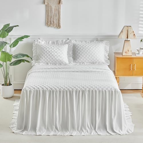 UOZZI BEDDING Ruffle Skirt Bedspread Set - King Size White