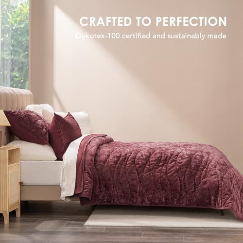 EVERGRACE Luxury Velvet Quilt Set Queen Size Burgundy