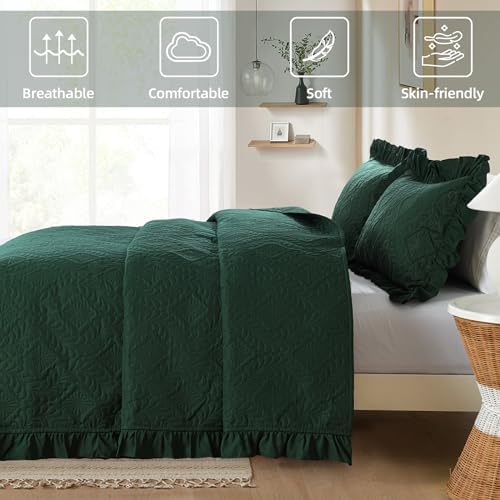 Emerald Green King Quilt Set 3 Piece Ruffled