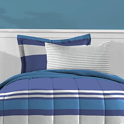 Dream Factory Kids 5-Piece Comforter Set Twin Blue Rugby Stripe