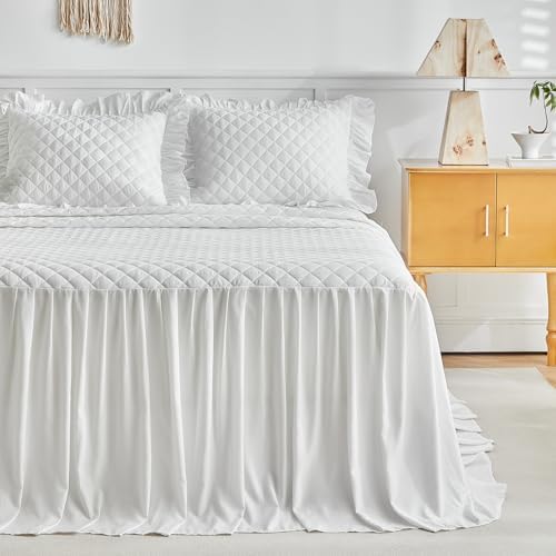 UOZZI BEDDING Ruffle Skirt Bedspread Set - King Size White