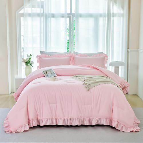 ANGIYUIN Pink Girls Comforter Set 5 Piece Bed in A Bag