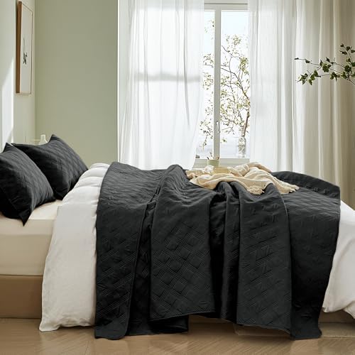 Inron Quilt Set Twin Size Black Microfiber Geometric Pattern Bedding Set
