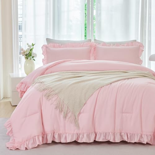 ANGIYUIN Pink Girls Comforter Set 5 Piece Bed in A Bag
