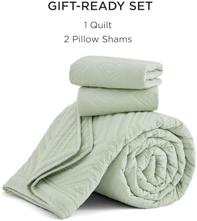 Bedsure Boho Queen Quilt Set - Geometric Pattern Sage Green 90x96 Inches