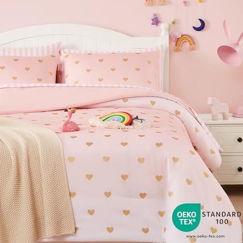 Wink Deer Queen Comforter Set with Sheets Pink Gold Heart 90x90