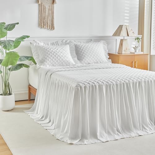 UOZZI BEDDING Ruffle Skirt Bedspread Set - King Size White