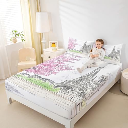 jejeloiu Paris Themed Bed Sheet Set King Size