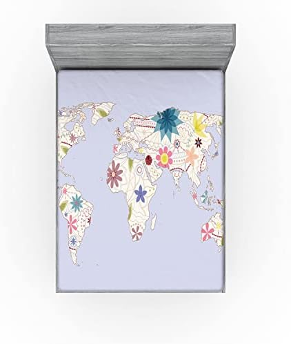 Ambesonne Floral World Map Fitted Sheet Set