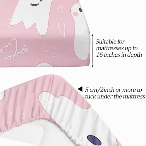 4-Piece Twin XL Cartoon Pink Ghost Fitted Sheet Set