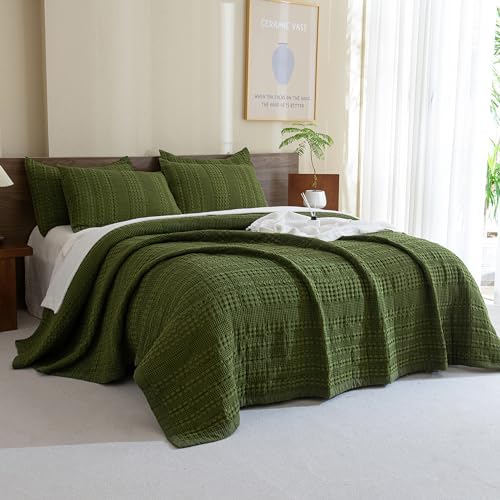 Sanracie Cotton Waffle Quilt Set King Size Olive Green