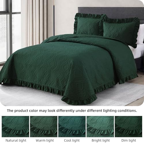 Emerald Green King Quilt Set 3 Piece Ruffled