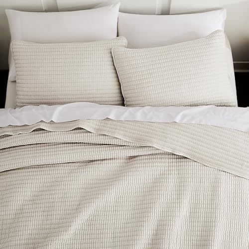 WDCOZY Beige Stripe Twin Quilt Set with Pick Stitch 1