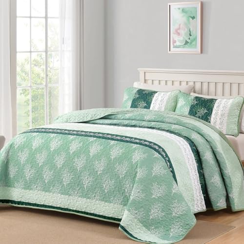 DJY Boho Queen Quilt Set Green Striped Floral Bedspread Coverlet 3 Piece