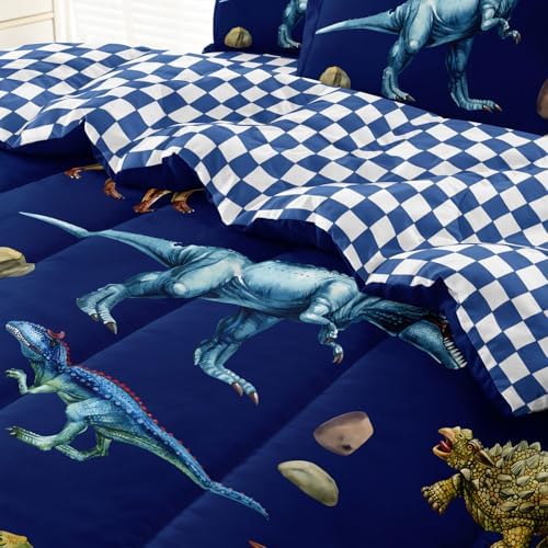 Leaflin Kid Twin Comforter Set - Dinosaur Themed Blue Bedding