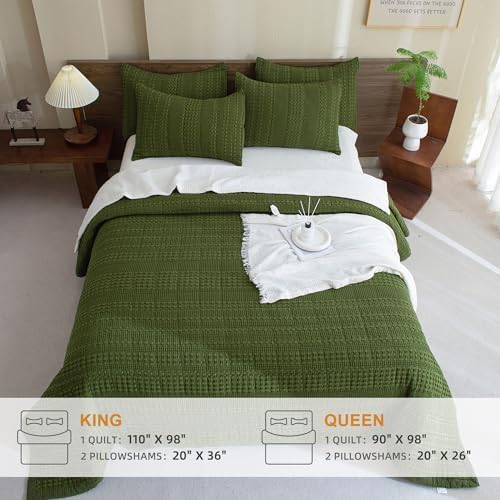 Sanracie Cotton Waffle Quilt Set King Size Olive Green