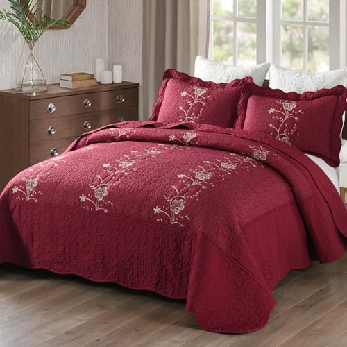 MarCielo 3 Piece Quilt Set Bedspread Microfiber Embroidered Comforter Set