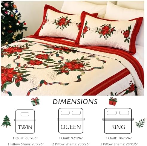 Cmfshape Christmas Bedspread Queen Size 3Pcs Red Set