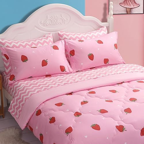 Gusuhome Strawberry Comforter Set Full Size for Girls