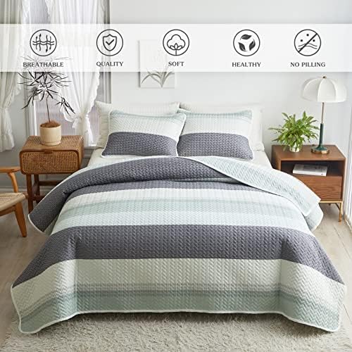 Flysheep Boho Striped Quilt Set Queen Size 3 Pcs Reversible Bedspread