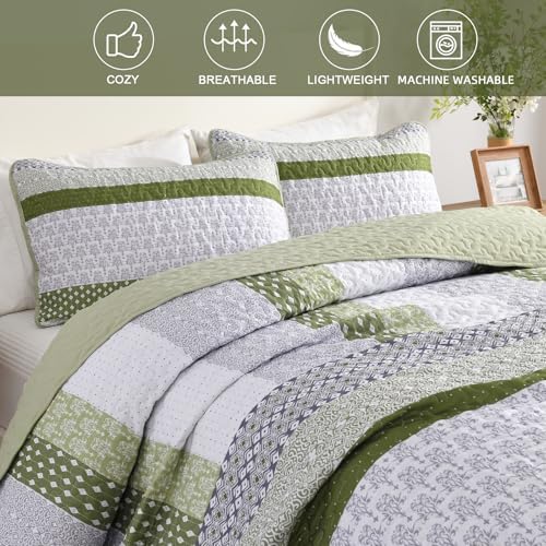 WONGS BEDDING Olive Green Boho Quilt Set Queen Size 3 Pieces