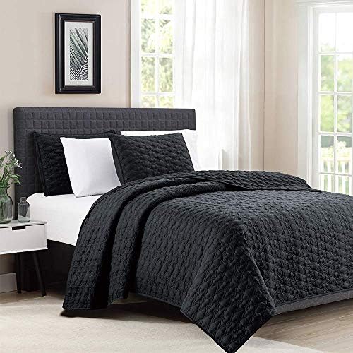 BOURINA 3-Piece King Quilt Set Microfiber Black