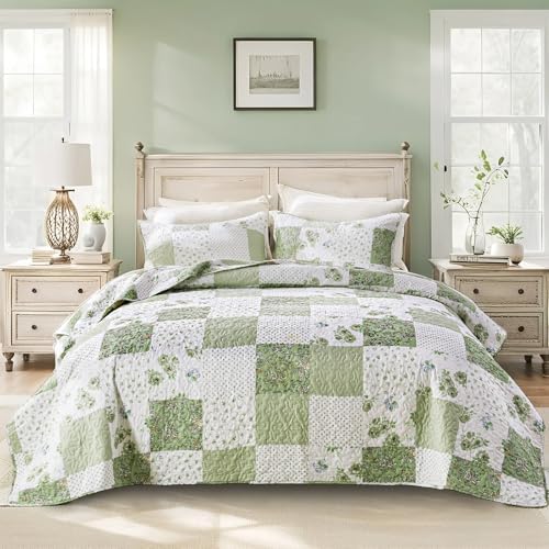 VIVILINEN Full Queen Green Floral Plaid Quilt Set