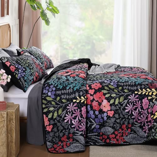 Xruibed Black Floral Quilt Set Queen 3 Piece 1