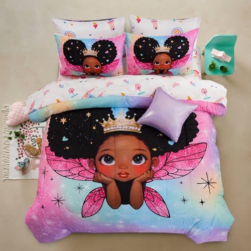 A Nice Night Black Girl Princess with Wings Comforter Set