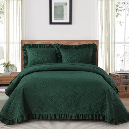 Emerald Green King Quilt Set 3 Piece Ruffled