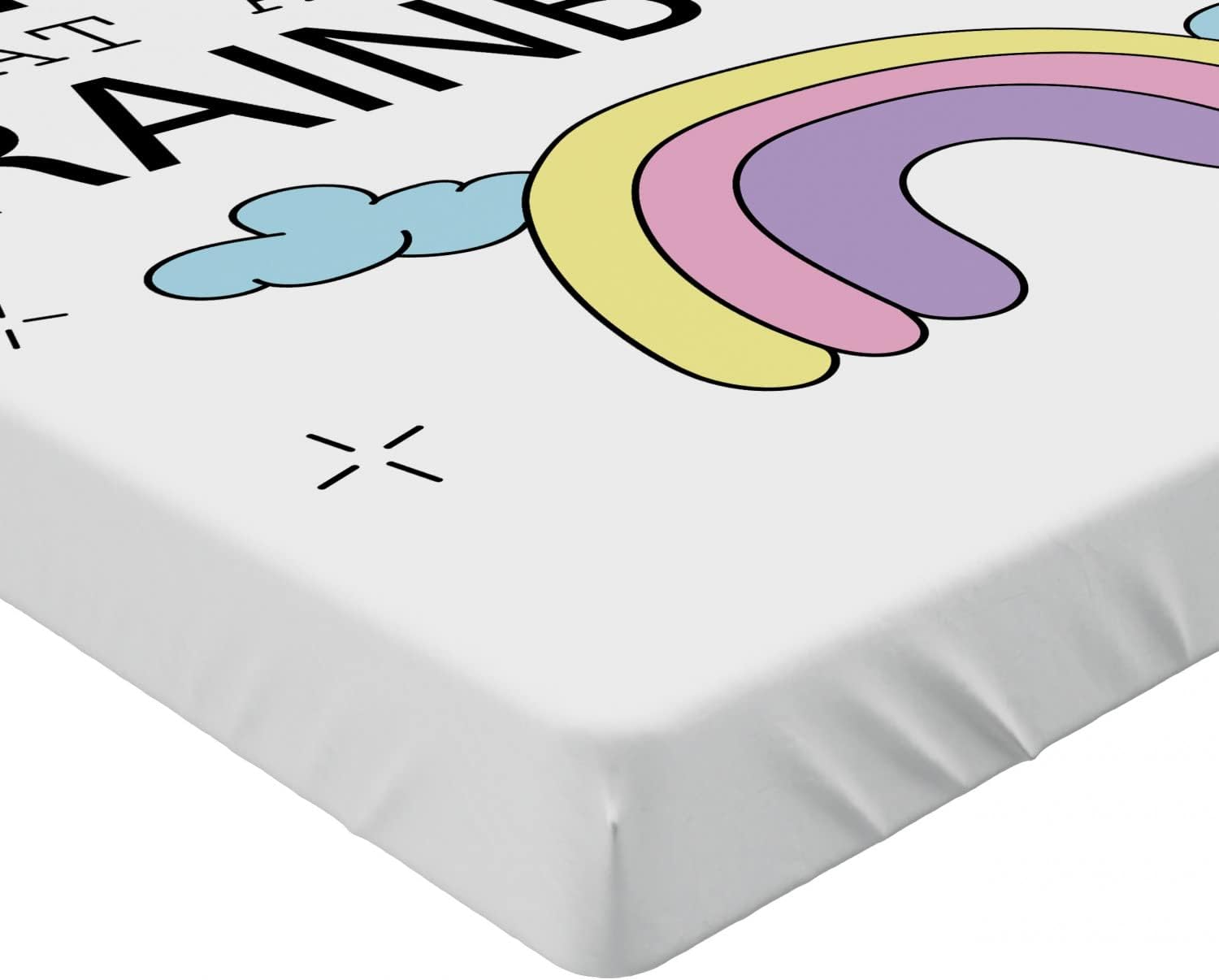 Ambesonne Girl Slogan Fitted Sheet with Rainbow Clouds and Cartoon Print