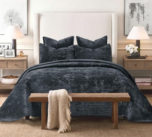 3 Piece Velvet Oversized King Quilt Set Grey Blue