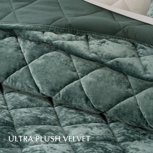 EVERGRACE Velvet Quilt Set King Size Dark Green