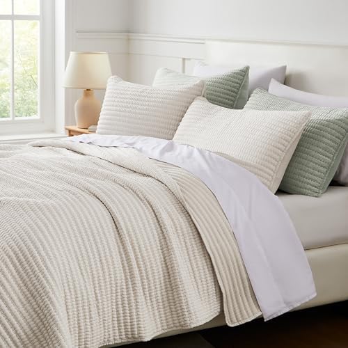 WDCOZY Beige Stripe Twin Quilt Set with Pick Stitch 1