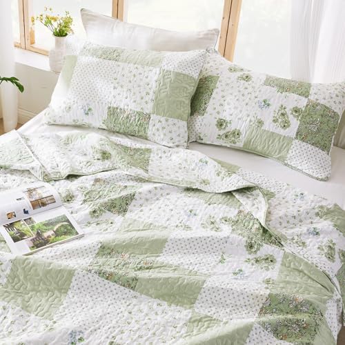 VIVILINEN Full Queen Green Floral Plaid Quilt Set