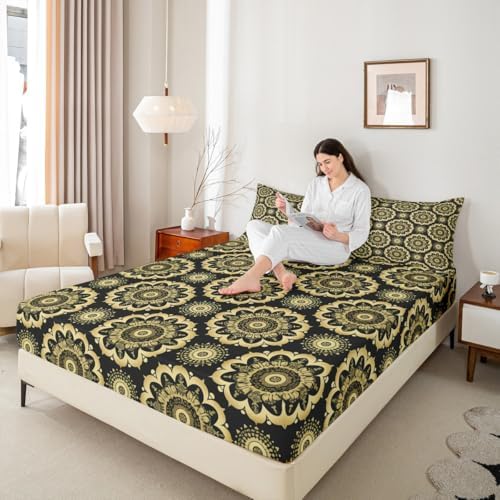 Jejeloiu Paisley Bedding Set with Black Gold Damask Pattern