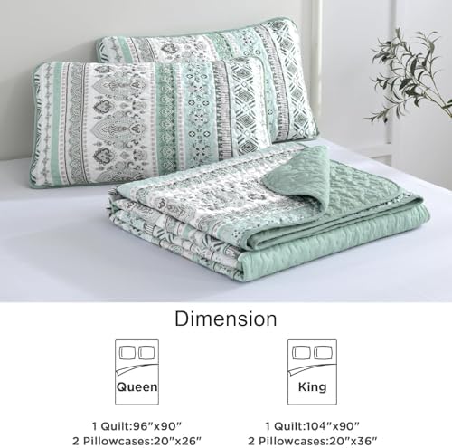 Goodidea Boho Quilt Set Cal King 3 Piece Mint Green Striped Microfiber Bedding