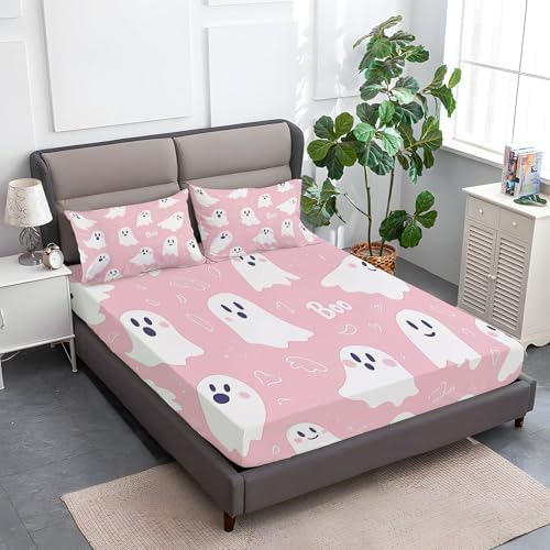 4-Piece Twin XL Cartoon Pink Ghost Fitted Sheet Set