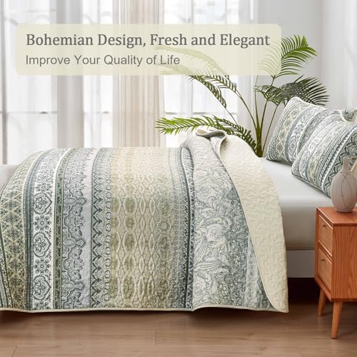 WONGS BEDDING Boho Quilt Set Queen Size Beige 3 Pieces