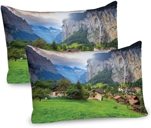 Ambesonne Pillow Sham Set of 2 Green Grey Lauterbrunnen Switzerland