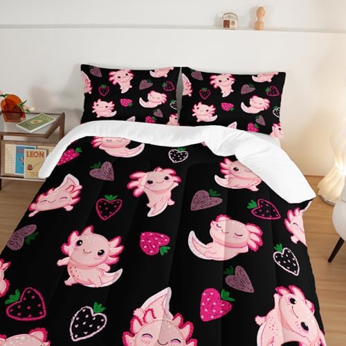 Cute Axolotl Comforter Set Twin Size Pink Strawberry Print