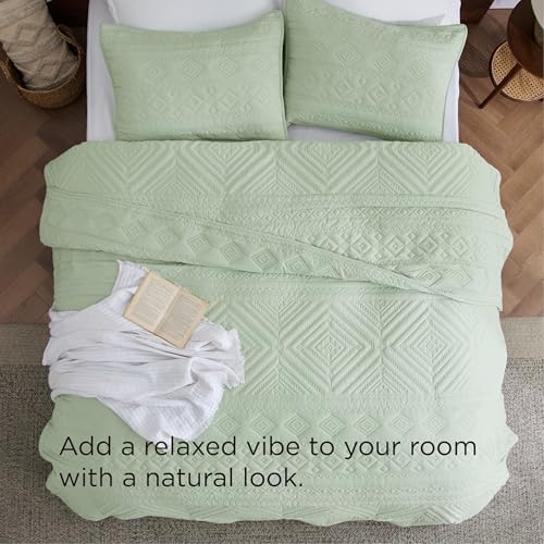 Bedsure Boho Queen Quilt Set - Geometric Pattern Sage Green 90x96 Inches